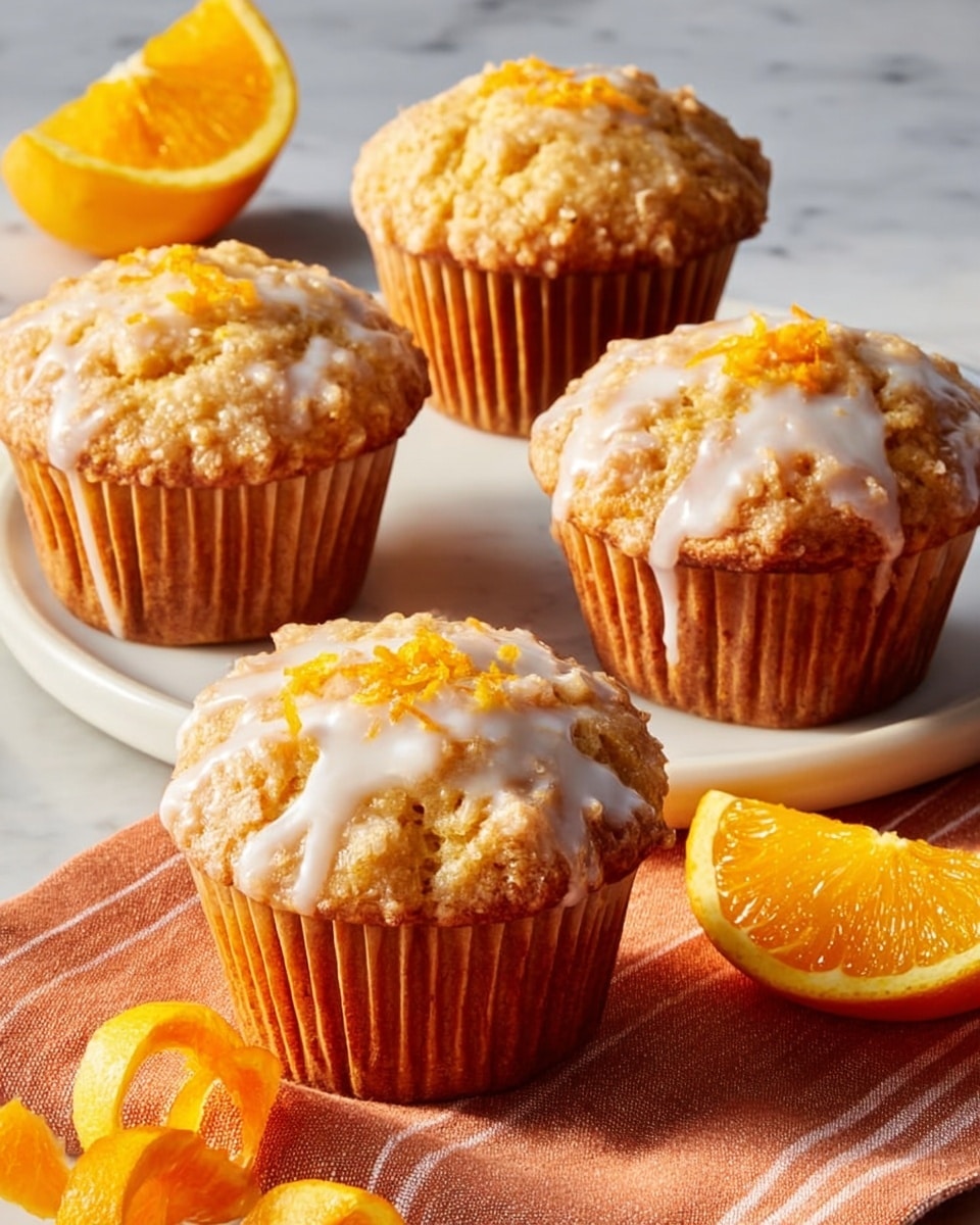 Four golden brown muffins with rough, crumbly tops sit close together, each drizzled with white glaze that gently flows down the sides and sprinkled with bright orange zest on top; the muffins are lined with light brown paper wrappers, placed on a white marbled surface with fresh orange slices and a curled orange peel piece arranged nearby, and an orange cloth partially visible behind them. photo taken with an iphone --ar 4:5 --v 7