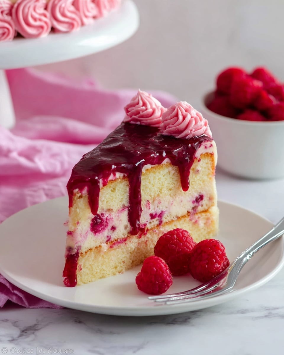 A slice of layered cake sits on a white plate against a white marbled surface, with a few fresh red raspberries beside it. The cake has three layers: a yellow sponge layer at the bottom, a creamy light pink layer with raspberry pieces in the middle, and another yellow sponge layer above that. The whole cake slice is topped with a thick, glossy dark red berry sauce that drips slightly down the sides. The edge of the slice is decorated with three soft pink swirls of frosting. A rose gold fork rests on the plate in front of the cake, and a white bowl filled with raspberries is in the background, along with a pink cloth. Photo taken with an iphone --ar 4:5 --v 7