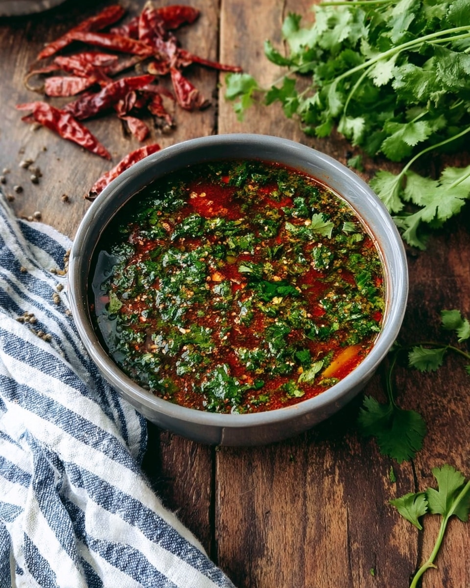 The image shows a grey bowl filled with a sauce that has several layers visible from the top: a base of reddish sauce with bits of chili and seeds, topped with bright green chopped herbs like cilantro spread evenly across the surface. The bowl is placed on a wooden table with dried red chilies scattered around and fresh green cilantro sprigs to the right. A cloth with blue and white stripes is folded and laid near the bowl on the wooden surface, which will be changed to a white marbled texture in the final image. photo taken with an iphone --ar 4:5 --v 7