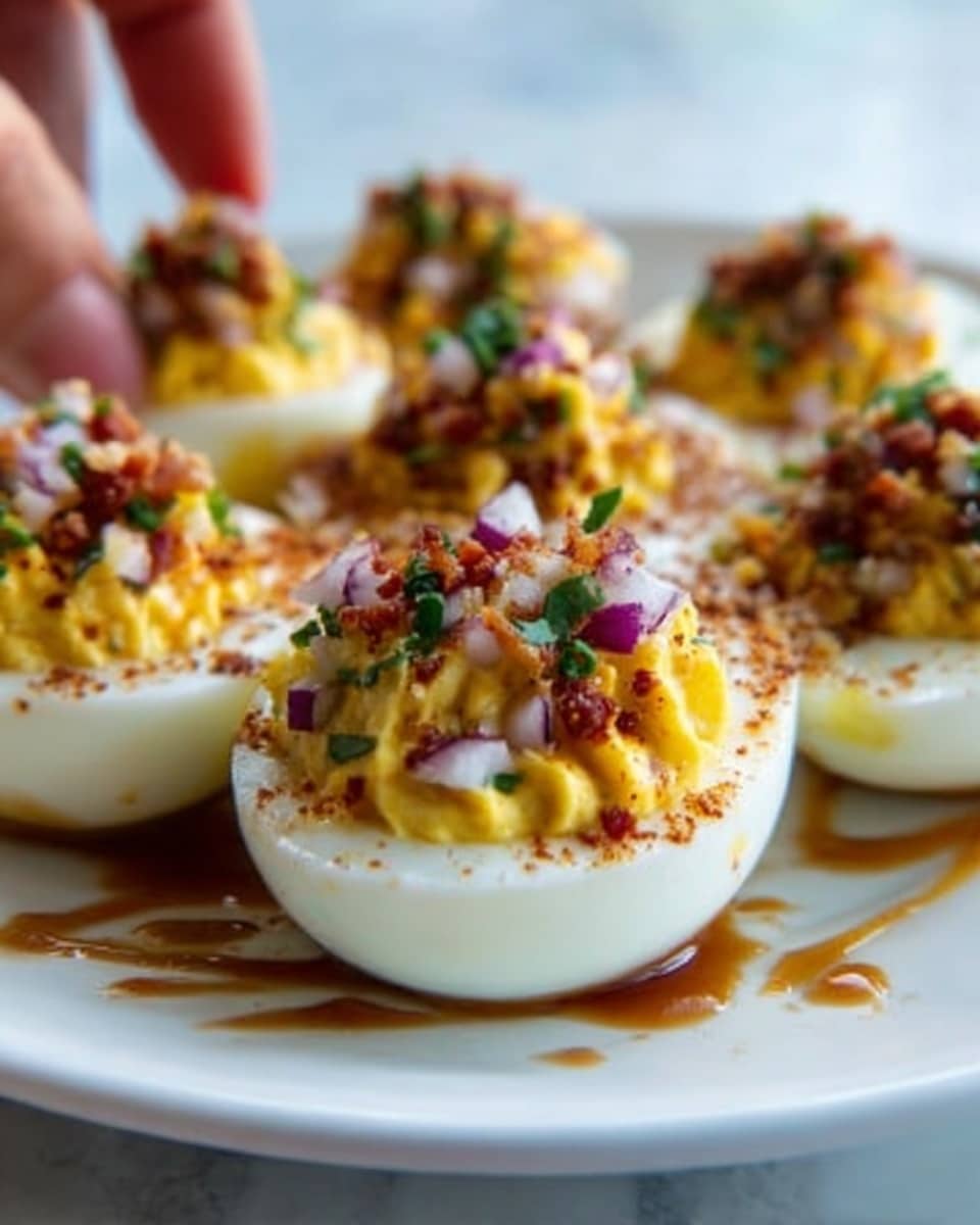 The image shows a close-up of deviled eggs arranged on a white plate sitting on a white marbled surface. Each egg half is filled with a smooth, bright yellow yolk mixture, topped with small pieces of red onion, bits of crispy bacon, and sprinkled with fine red paprika. The eggs have a slightly creamy texture at the center, and there is a drizzle of brown sauce across the tops. The overall look is colorful with a mix of pale white egg whites, yellow filling, purple onions, and brown bacon, giving a fresh and tasty appearance. Photo taken with an iphone --ar 4:5 --v 7