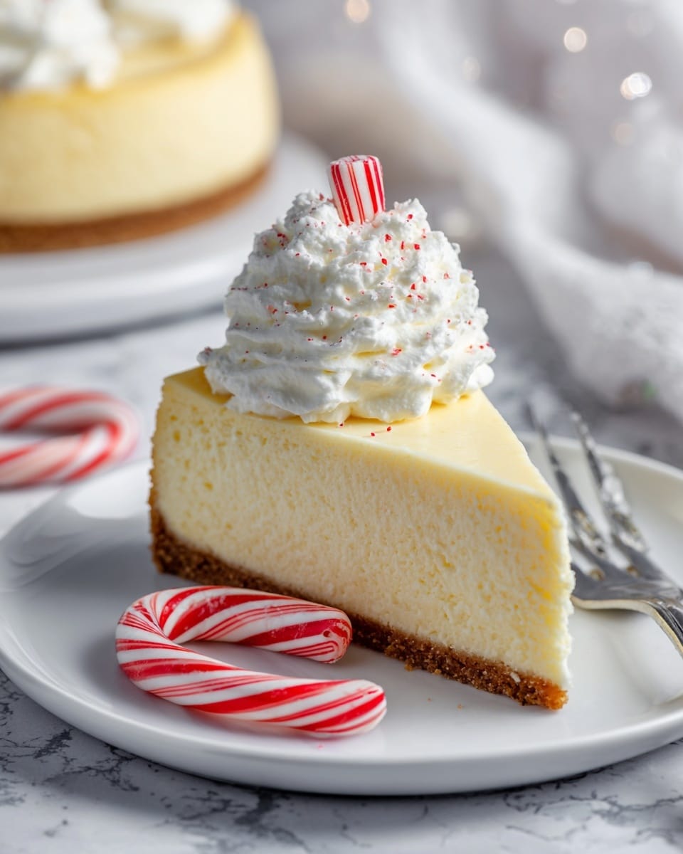 A slice of creamy pale yellow cheesecake with a smooth texture stands on a white plate, topped with a big dollop of soft white whipped cream that has small specks inside it. A small red and white striped candy piece is placed on top of the whipped cream. In front of the cheesecake slice on the plate is a red and white curved candy cane. The plate rests on a white marbled surface with a blurred fork in the background. Photo taken with an iphone --ar 4:5 --v 7