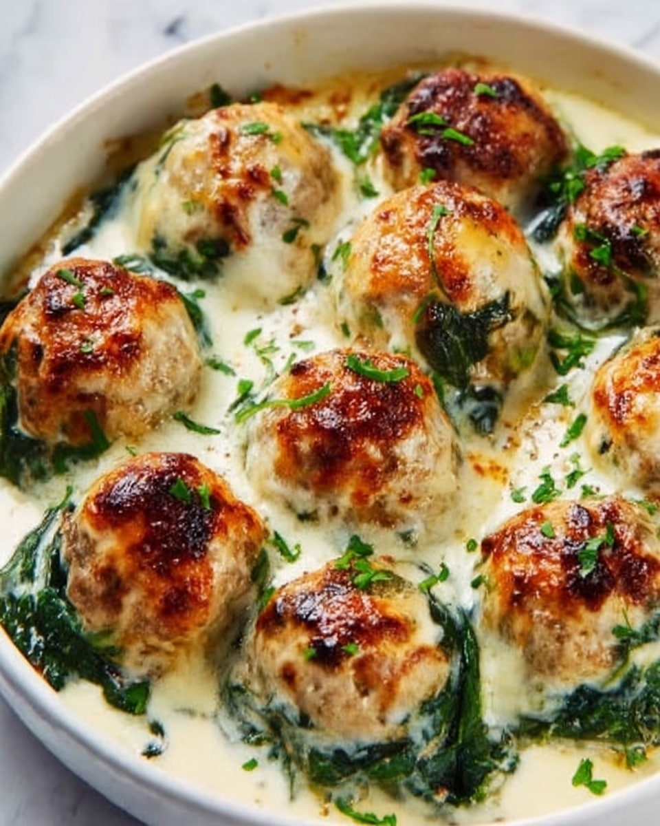 The image shows a close-up of a white bowl filled with round meatballs covered with melted cheese. The meatballs have a golden-brown top layer with creamy melted cheese that looks slightly browned. Underneath the cheese, there is a layer of green spinach mixed into the meat. The bowl rests on a white marbled surface. The meatballs are tightly packed and look moist and soft. Photo taken with an iphone --ar 4:5 --v 7