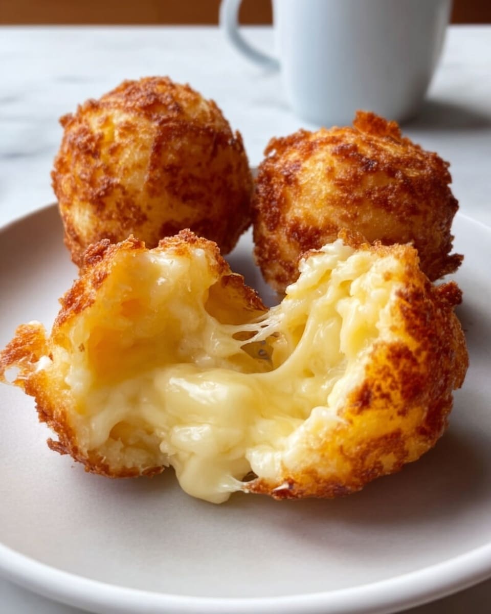 The image shows a stack of four golden-brown cheese bread balls on a white round plate. The front bread ball is broken open, displaying gooey, melted cheese inside with a soft, airy texture. The cheese has a light yellow color and pulls apart slightly. Steam rises from the warm bread, visible against a soft, unfocused gray background and white marbled surface. The crunchy outer crust contrasts with the moist interior clearly. photo taken with an iphone --ar 4:5 --v 7