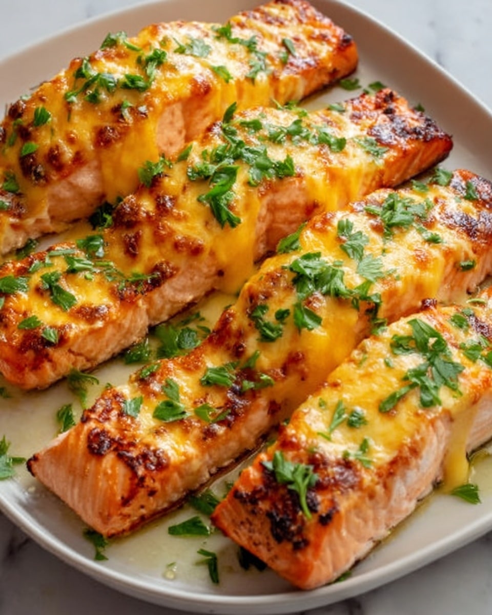 The image shows several thick salmon fillets arranged side by side on a white plate. Each fillet has a golden-brown grilled top with slight char marks and a creamy yellow sauce drizzled generously over it. Fresh green herbs are sprinkled on top for a pop of color. The salmon's texture is flaky and moist with visible layers of pink flesh beneath the sauce. The plate sits on a white marbled surface. Photo taken with an iphone --ar 4:5 --v 7