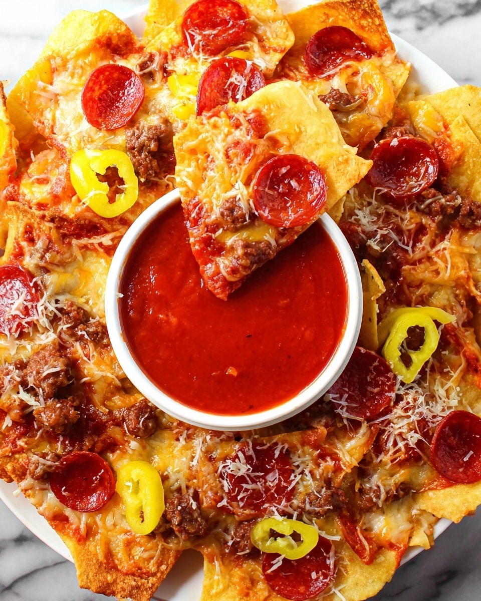 A white bowl filled with bright red marinara sauce sits in the center of a white plate holding crispy golden-brown fried wonton chips as the base layer. The chips are topped with melted white cheese, small pieces of browned sausage, and shiny deep red pepperoni slices. Bright yellow pepper rings are scattered on top, along with green herbs for color. One chip is dipped into the sauce, showing a mix of gooey cheese and sauce. The plate rests on a white marbled surface. photo taken with an iphone --ar 4:5 --v 7