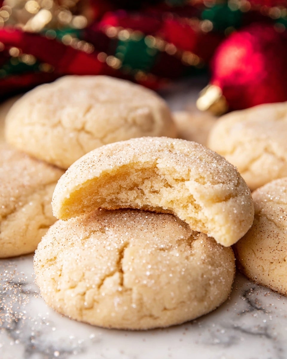 The image shows a close-up of several soft, round sugar cookies with a light beige color and a slightly crumbly texture. One cookie is placed on top of another, and it has a single bite taken out of its edge, revealing a dense and moist inside. The cookies have a light dusting of granulated sugar on their smooth tops, adding a subtle sparkle. In the background, there are blurred holiday decorations with red and green colors. The cookies are resting on a white marbled texture surface. Photo taken with an iphone --ar 4:5 --v 7