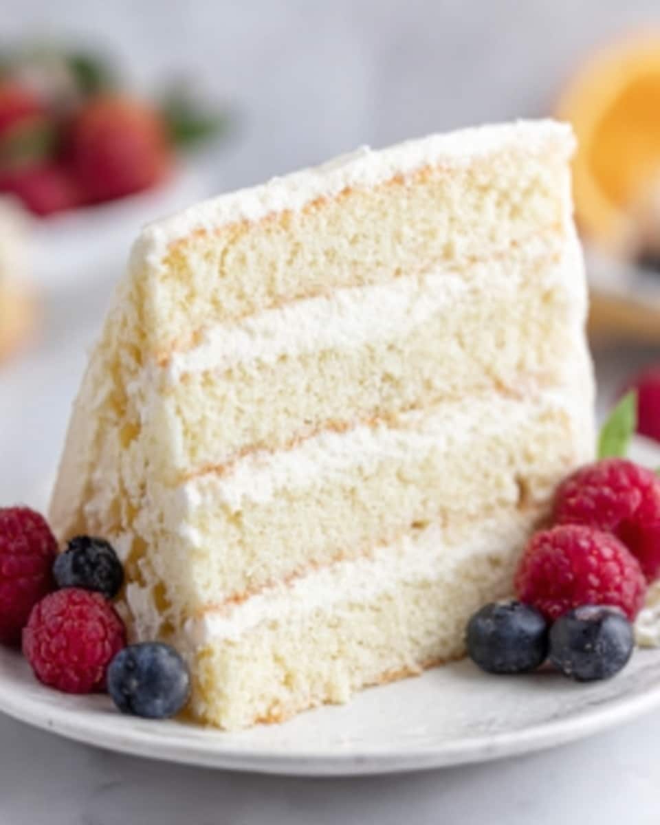 The image shows a slice of cake with four light cream-colored layers stacked evenly. Each layer looks soft and fluffy. Between each cake layer, there is a thin spread of creamy white filling. The cake slice sits on a white plate and is garnished with fresh berries, such as red raspberries and dark blueberries, placed beside it. The background has a white marbled texture. Photo taken with an iphone --ar 4:5 --v 7