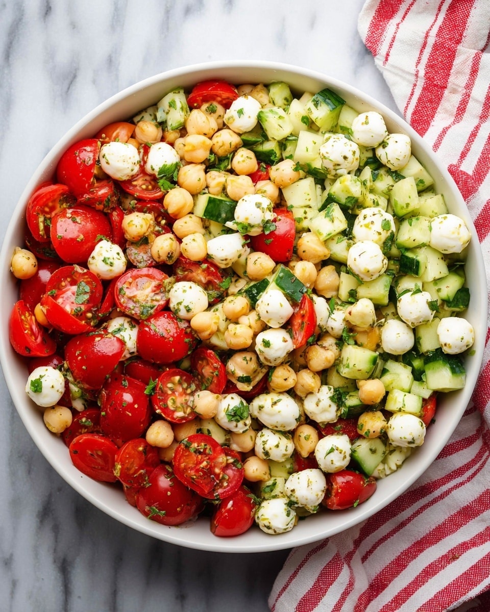 A white bowl filled with a colorful salad showing three main layers: the bottom layer has chickpeas with a light golden color, scattered evenly; the middle layer is made of chopped cucumber pieces, light green with dark green skin, cut into small chunks; the top layer contains red cherry tomato halves and small white mozzarella balls. The salad is sprinkled with chopped green herbs and lightly coated with herbs and oil. The bowl sits on a white marbled surface next to a white cloth with orange stripes, and part of a white bowl with extra tomatoes is visible on the right side. Photo taken with an iphone --ar 4:5 --v 7