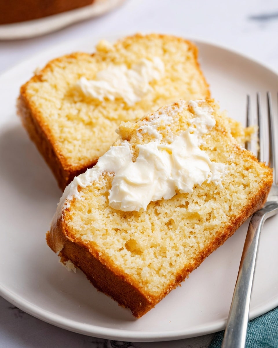The image shows two slices of yellowish crumbly bread resting on a white plate, with the top slice spread with a thick layer of creamy white butter. The bread texture looks soft and slightly grainy, with a light golden crust along the edges. The plate sits on a white marbled surface, and a metal fork with a worn handle lies close to the bottom edge of the plate. photo taken with an iphone --ar 4:5 --v 7