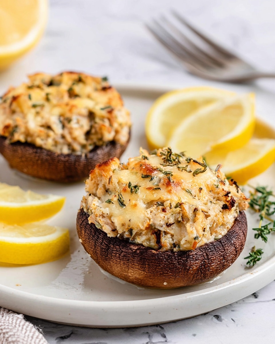 Two stuffed mushrooms sit on a white plate with a white marbled background. Each mushroom has a dark brown cap that holds a thick, uneven layer of light tan filling mixed with bits of darker mushroom pieces and some herbs. The filling looks soft and slightly crumbly with a golden-brown top. Around the mushrooms are two lemon wedges with bright yellow flesh and pale peels, and a small sprig of green thyme near the back mushroom. A silver fork is partially visible in the top right corner. photo taken with an iphone --ar 4:5 --v 7