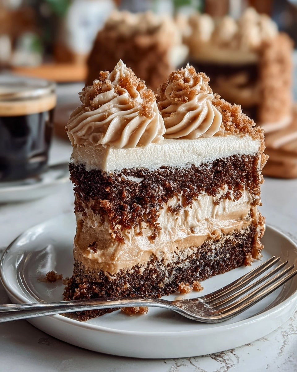 A slice of rich brown crumb cake with three layers sits on a white plate with a silver fork. The bottom and middle layers are dense cake with a slightly crumbly texture, while the two cream-colored frosting layers between them are smooth and thick. The top layer has a thick coating of creamy light brown frosting, decorated with two swirls and sprinkled with cake crumbs and powdered sugar. The background shows a blurry second cake and a glass cup with espresso, all on a white marbled surface. photo taken with an iphone --ar 4:5 --v 7