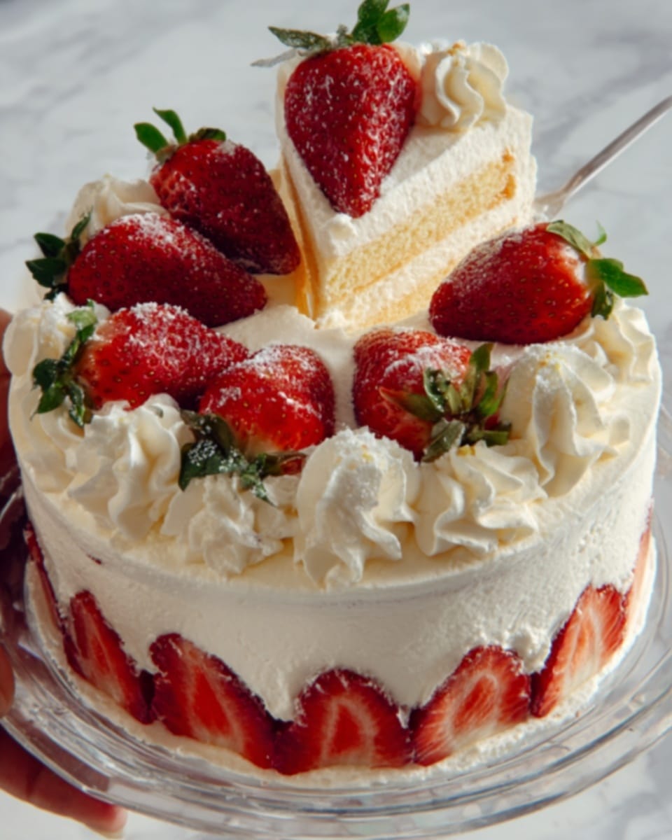 A round cake with two visible layers covered in white whipped cream frosting, topped with large fresh red strawberries, some whole and some cut in half, arranged in a neat circular pattern. The sides of the cake are decorated with piped swirls of whipped cream, and a woman's hand is placing a strawberry on top. The cake sits on a white plate placed on a white marbled surface. Photo taken with an iphone --ar 4:5 --v 7