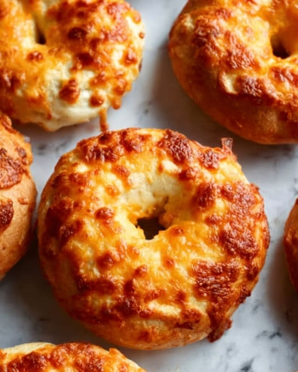 A close-up view of several round bagels with a golden-brown crust, each topped with melted cheese that looks slightly crispy and bubbly. The bagels have a smooth, shiny surface and are resting on white parchment paper over a white marbled surface. The texture of the cheese topping is uneven with some crispy edges while the dough underneath appears soft and fluffy. Light reflects gently off the cheese, highlighting its gooey and baked quality. The photo taken with an iphone --ar 4:5 --v 7
