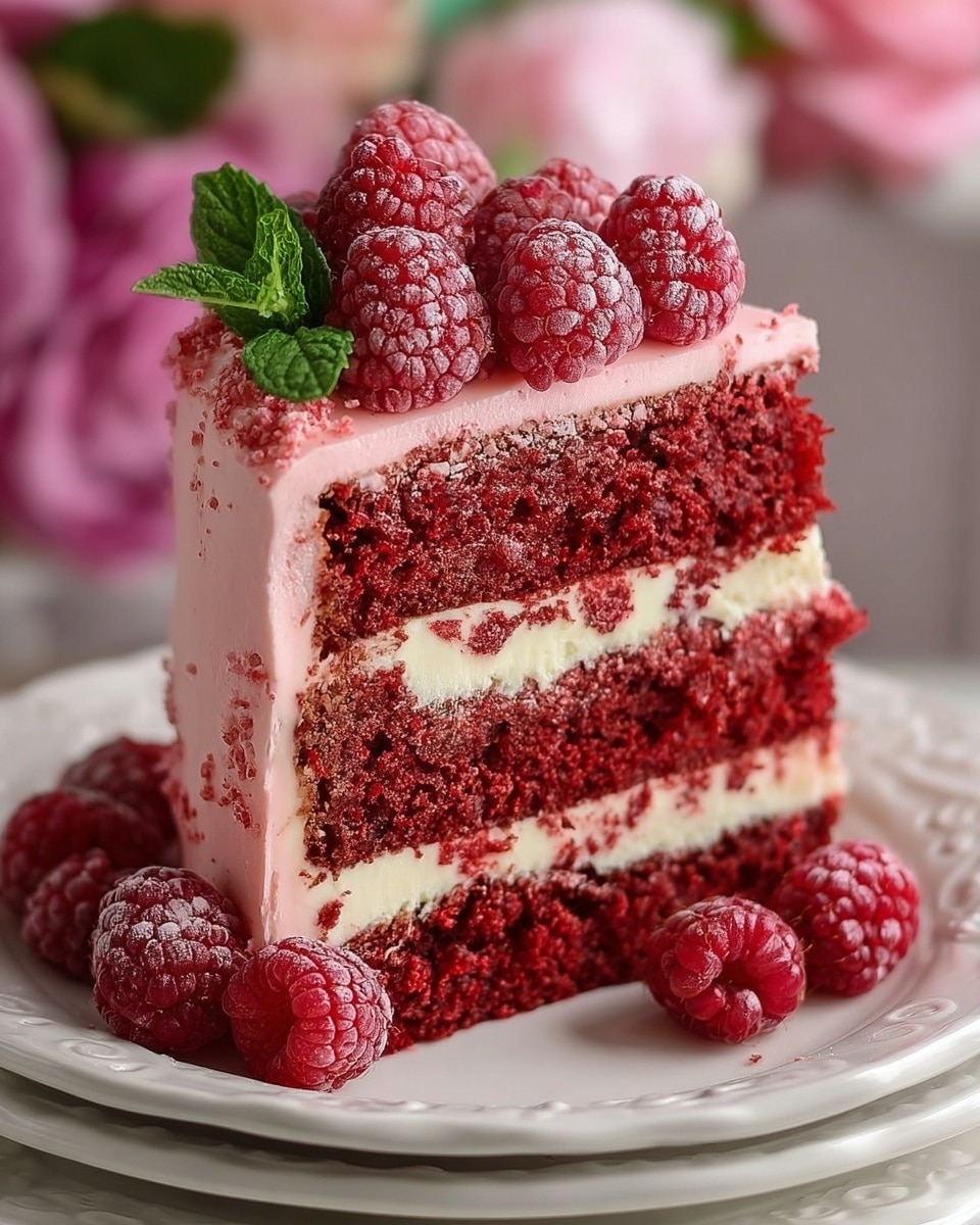 A slice of red velvet cake with three layers of soft, deep red sponge separated by two thin layers of creamy white frosting with small bits of red fruit mixed in; the whole slice is covered in smooth, light pink frosting that textures softly on the sides. On top of the cake, there are fresh and frosted red raspberries scattered alongside small green mint leaves. Additional fresh and frosted raspberries and mint leaves are placed around the base of the cake on a white plate with subtle embossed patterns; the plate sits on a white marbled surface with a blurred soft pink flower background. photo taken with an iphone --ar 4:5 --v 7