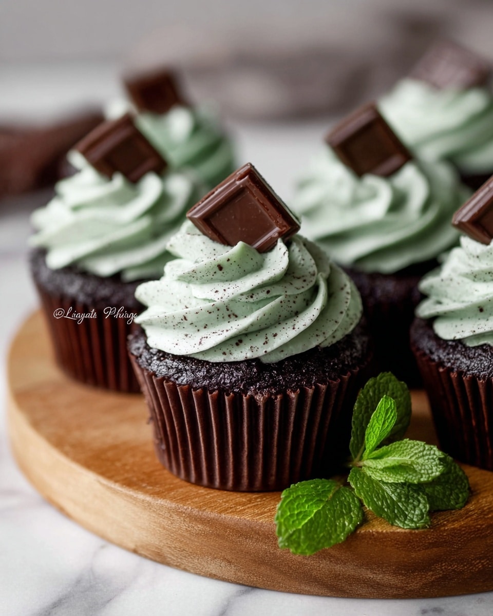The image shows several chocolate cupcakes each with one thick layer of dark brown cake as the base, topped with a single large swirl of pale green, speckled frosting that looks soft and creamy. Each frosting swirl has a small, rectangular piece of milk chocolate placed slightly angled on top. The cupcakes are wrapped in dark brown paper cups and are arranged on a wooden board. A fresh green mint leaf with visible veins is placed in front of the cupcake in focus. The whole scene is set on a white marbled surface. photo taken with an iphone --ar 4:5 --v 7