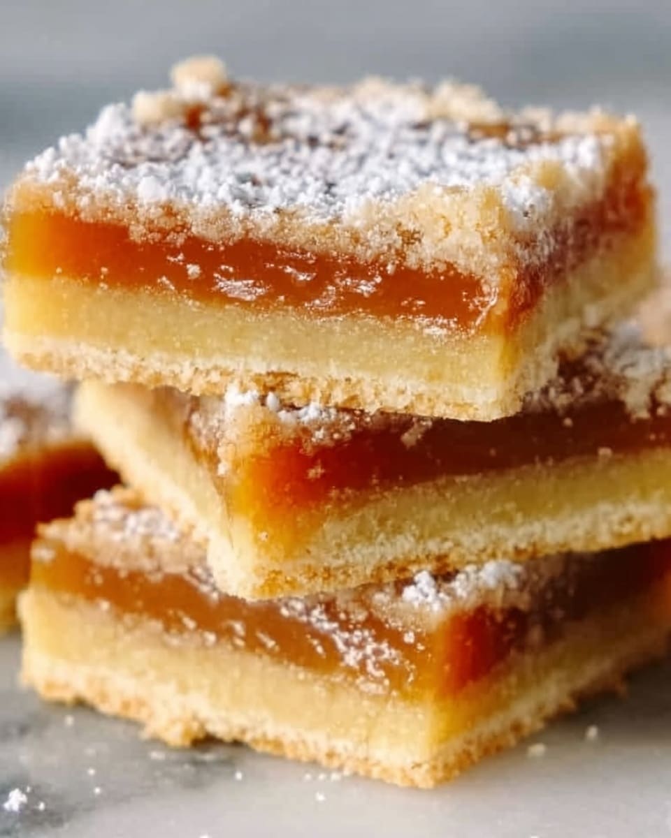 The image shows a close-up of three stacked dessert bars with three visible layers. The bottom layer is a light golden crust with a crumbly texture. The middle layer is a thick, glossy amber filling, smooth and slightly sticky. The top layer is a crumbly streusel with a light golden brown color, sprinkled with some white sugar crystals for extra texture. The bars are square and neatly stacked on a white marbled surface. photo taken with an iphone --ar 4:5 --v 7