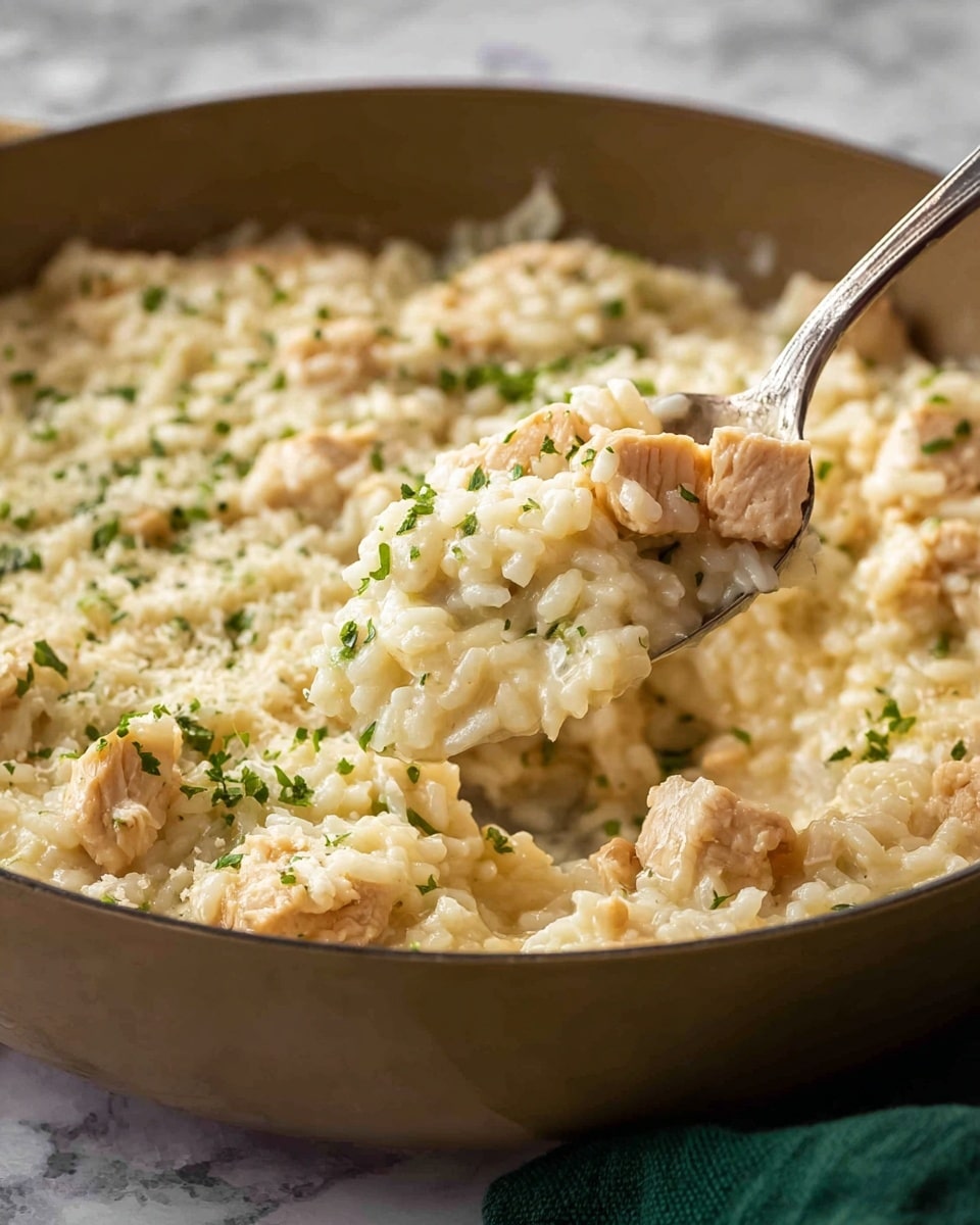 A close-up of a deep pan filled with creamy white risotto mixed with small pieces of light beige chicken, garnished with finely chopped green herbs scattered on top. A silver fork is lifting a spoonful showing the soft and thick texture of the risotto with visible grains and chicken pieces. The background is a white marbled surface with a glimpse of a green cloth on the right side. Photo taken with an iphone --ar 4:5 --v 7