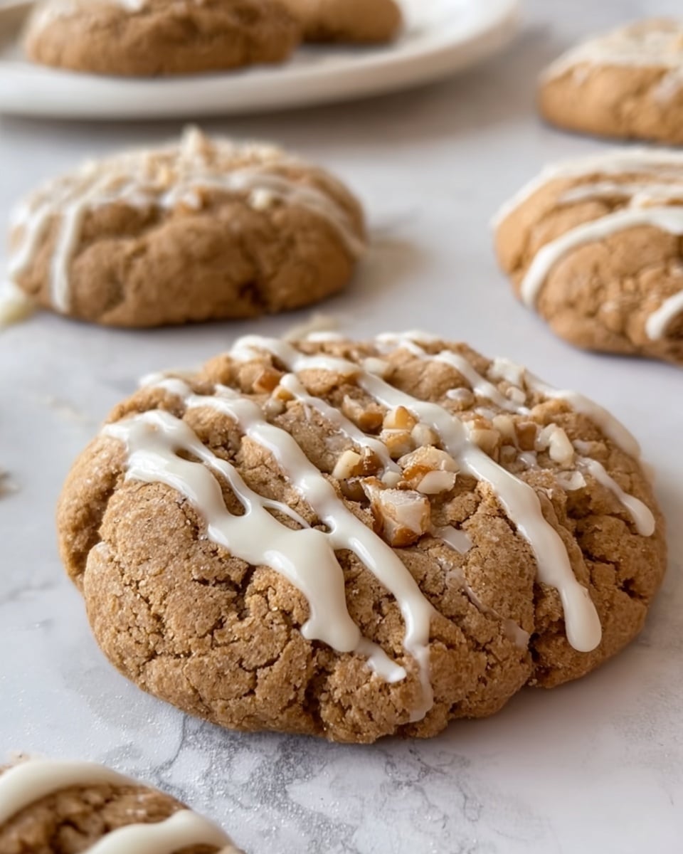 The image shows soft, round cookies placed on white parchment paper over a white marbled surface. Each cookie is a golden brown color with a crumbly, slightly rough texture and visible crunchy bits on top. There are white icing lines drizzled lazily across the cookie tops, giving a contrast in color and adding a delicate detail. In the background, a white bowl with more cookies can be seen slightly out of focus. The photo is taken close-up, capturing the details of the cookie surface and the icing drizzle. photo taken with an iphone --ar 4:5 --v 7