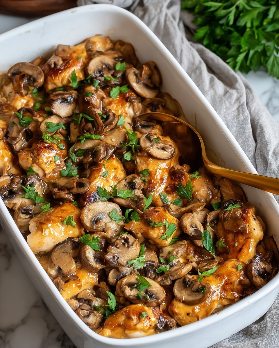 In a white ceramic baking dish, there are browned chicken pieces covered with a glossy brown sauce and topped with sliced cooked mushrooms that have a soft, slightly shiny texture. Small green parsley leaves are sprinkled evenly on top, adding fresh color contrast. The chicken pieces are placed close together, filling the dish without visible layers underneath. A gold spoon rests on the side of the dish, all set on a white marbled surface. photo taken with an iphone --ar 4:5 --v 7