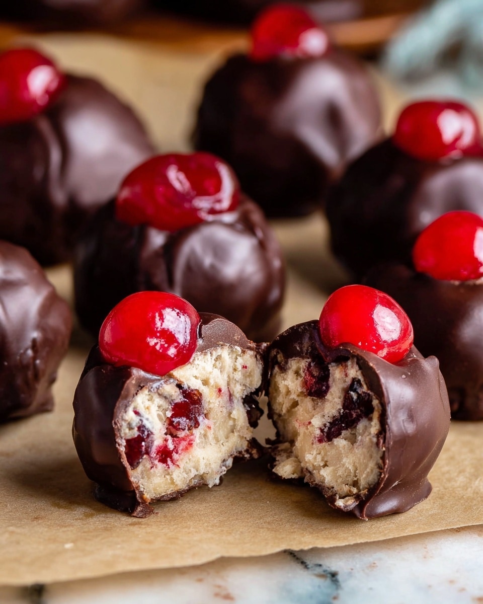 The image shows several small round chocolate balls covered in dark chocolate. Each ball has a shiny red cherry on top, and one chocolate ball in the front is bitten, revealing a soft, creamy white interior mixed with bits of red and a crumbly texture. The chocolate coating appears smooth but not perfectly uniform with slight ridges and a glossy finish. The chocolates are placed on a light brown parchment paper, with a white marbled surface barely visible in the background. photo taken with an iphone --ar 4:5 --v 7