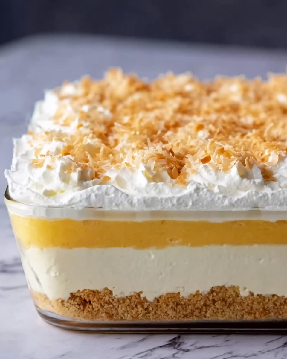 The image shows a layered dessert in a clear glass dish with four visible layers. The bottom layer is a light brown crumbly crust, smooth and compact. Above that is a thick, creamy pale yellow custard layer that looks soft and rich. The third layer is a fluffy, white whipped cream spread evenly on top of the custard. The top layer has a sprinkling of finely shredded toasted coconut that is golden brown, adding texture and color contrast. The dish is placed on a white marbled surface. photo taken with an iphone --ar 4:5 --v 7