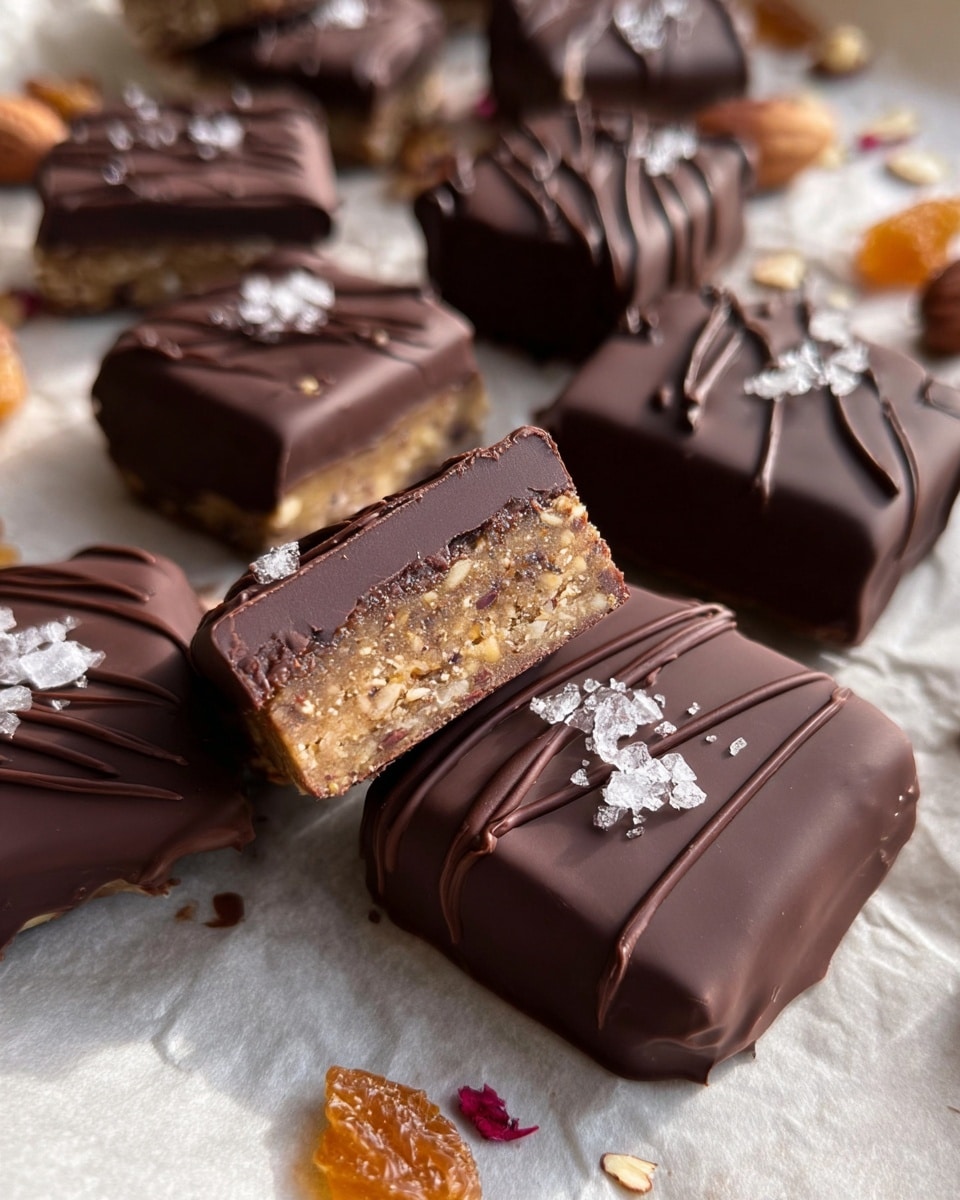 The image shows several chocolate squares on light brown parchment paper set on a white marbled surface. Each square is coated in smooth dark chocolate with a glossy finish and decorated with thin chocolate drizzle lines and small flakes of sea salt on top. One piece is cut in half and placed on top of another, revealing two layers inside: a thin outer chocolate layer and a dense, textured golden-brown nutty filling. Around the chocolates are pieces of nuts and dried fruit, adding a natural touch to the arrangement. photo taken with an iphone --ar 4:5 --v 7