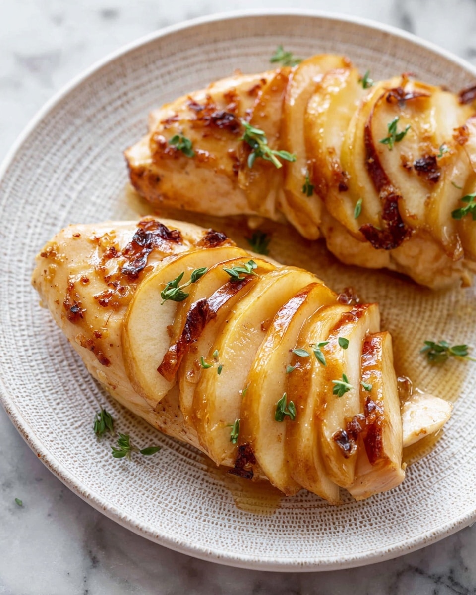 The image shows two baked stuffed chicken breasts on a white plate with a subtle speckled pattern, placed on a white marbled surface. Each chicken breast is sliced open and layered with thin, evenly stacked slices of light yellow to pale pink apple, creating a fan shape inside. The top chicken layer is golden brown with charred dark spots and small green herb leaves scattered on it. The melted cheese inside peeks out slightly, creamy and light in color. The overall texture looks juicy and tender, with the chicken breast forming the outer shell, soft apple slices inside, and the cheese filling visible in between. photo taken with an iphone --ar 4:5 --v 7