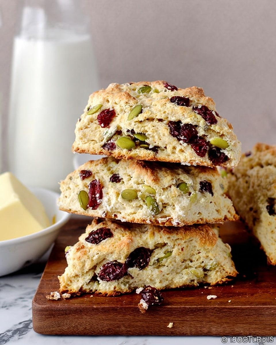 The image shows three layered scones stacked on a wooden board with a white marbled surface underneath. The top scone is whole, golden brown with a rough texture, and studded with dark red cranberries and green pumpkin seeds. The middle and bottom scones are cut in half, revealing a soft, crumbly inner texture with visible cranberry and pumpkin seed pieces scattered throughout. In the background, there is a white bottle of milk and a small white bowl filled with butter. The overall scene is lit softly, highlighting the texture and colors of the scones. photo taken with an iphone --ar 4:5 --v 7