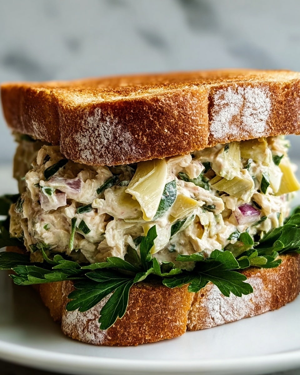 A close-up view of a sandwich made with two thick slices of toasted bread, each slice golden brown with a slightly crisp texture and some white flour dust on the crust edges. Inside the sandwich, there are three visible layers: a bottom layer of fresh green parsley leaves, a thick middle layer of creamy chicken salad mixed with chopped artichoke hearts, small bits of red onion, and finely chopped herbs, all coated in a white mayonnaise-like dressing. The sandwich sits on a white plate over a white marbled surface. photo taken with an iphone --ar 4:5 --v 7