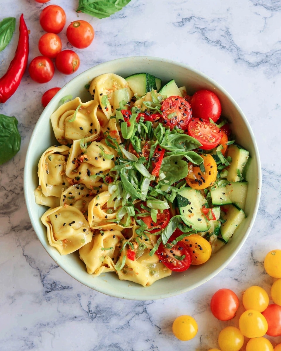 A white bowl holds a colorful pasta salad with about three layers visible: the bottom layer is large tortellini pasta with a golden yellow color and a soft, smooth texture; the middle layer includes sliced green zucchini and bright red and yellow cherry tomato halves scattered evenly; the top layer is a mix of fresh green basil leaves, small red chili pieces, and thinly sliced green onions, all sprinkled with black sesame seeds. Around the bowl on a white marbled surface are whole red chili, basil leaves, and a cluster of yellow and red cherry tomatoes, adding freshness to the scene. photo taken with an iphone --ar 4:5 --v 7