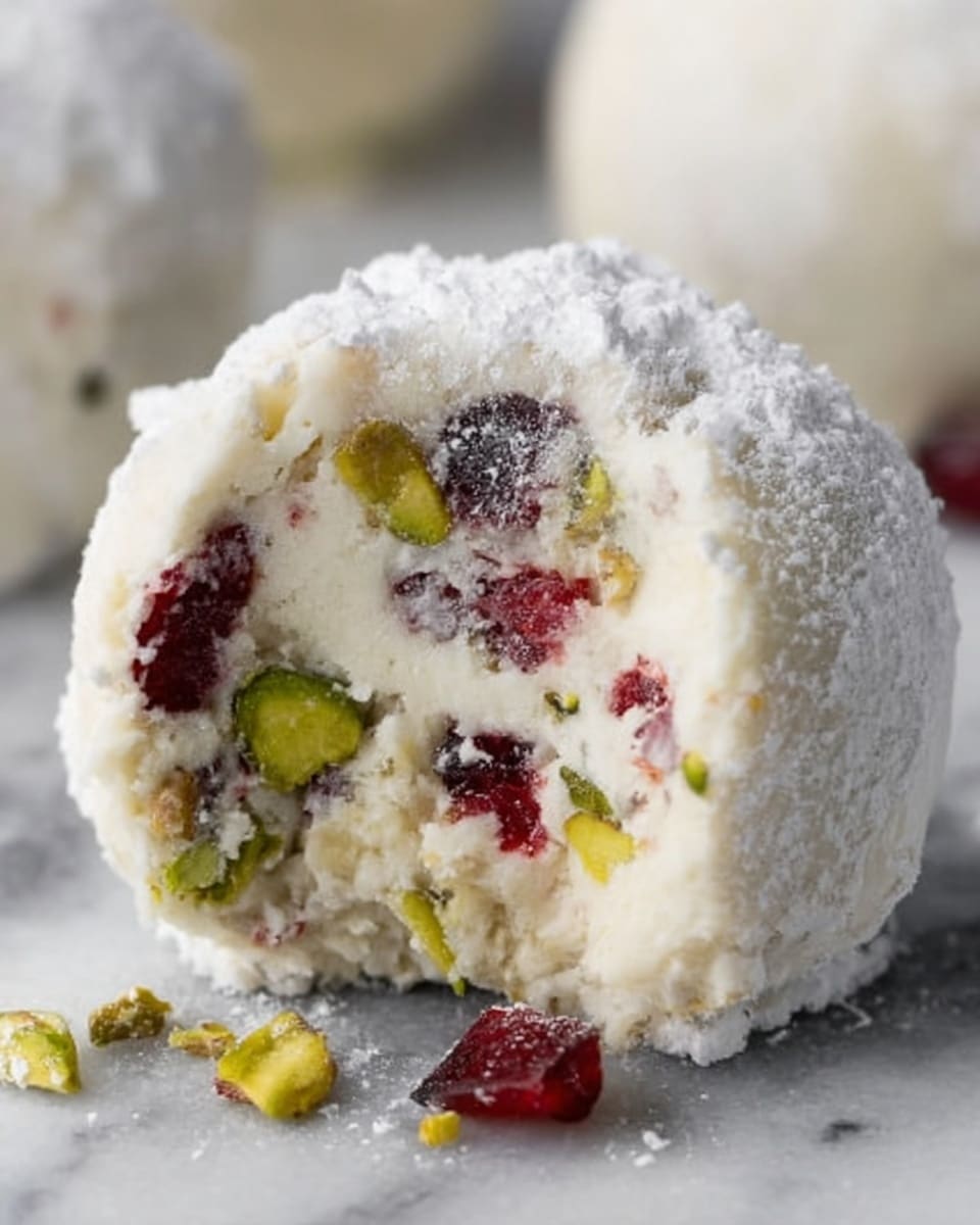 The image shows a close-up of a round dessert ball covered in white powdered sugar, with a bite taken out to reveal its inside layers. The inside has small pieces of red fruit, likely cranberries, and bits of green nuts, probably pistachios, mixed into a creamy white dough. The texture looks soft and smooth, with little chunks spread evenly throughout. The dessert rests on a white marbled surface. Photo taken with an iphone --ar 4:5 --v 7