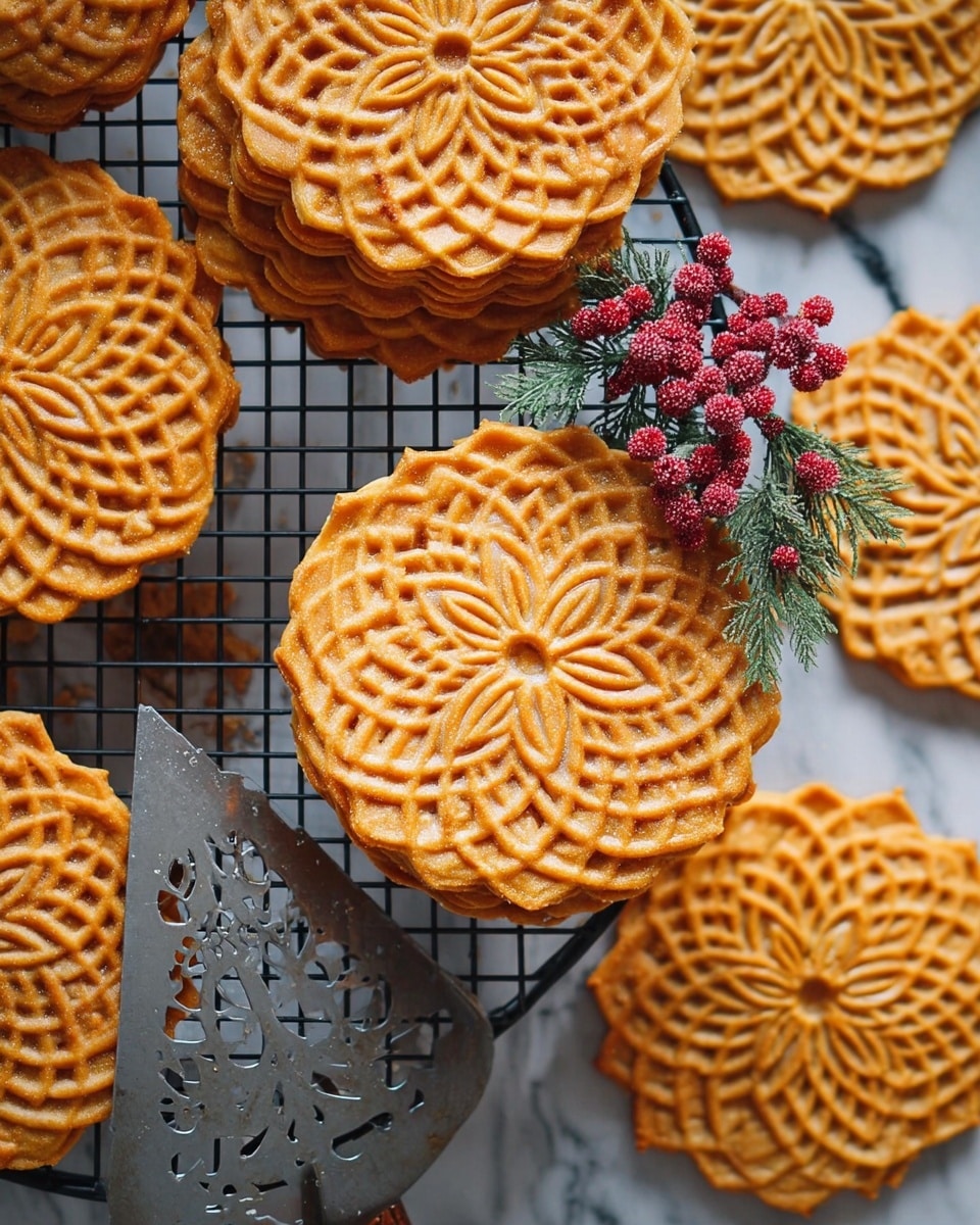 The image shows several round cookies with a detailed floral pattern on top, arranged on a black cooling rack over a white marbled surface. The cookies are golden-brown with slightly darker edges, showing a crisp texture. The pattern on each cookie has a flower in the center with petal-like shapes radiating outward, creating an intricate and symmetrical design. In the middle of the image, a stack of these cookies rests closely together. To the left side of the stack, there is a decorative sprig with small red berries and green leaves placed near a silver serving spatula that has cut-out shapes. Photo taken with an iphone --ar 4:5 --v 7