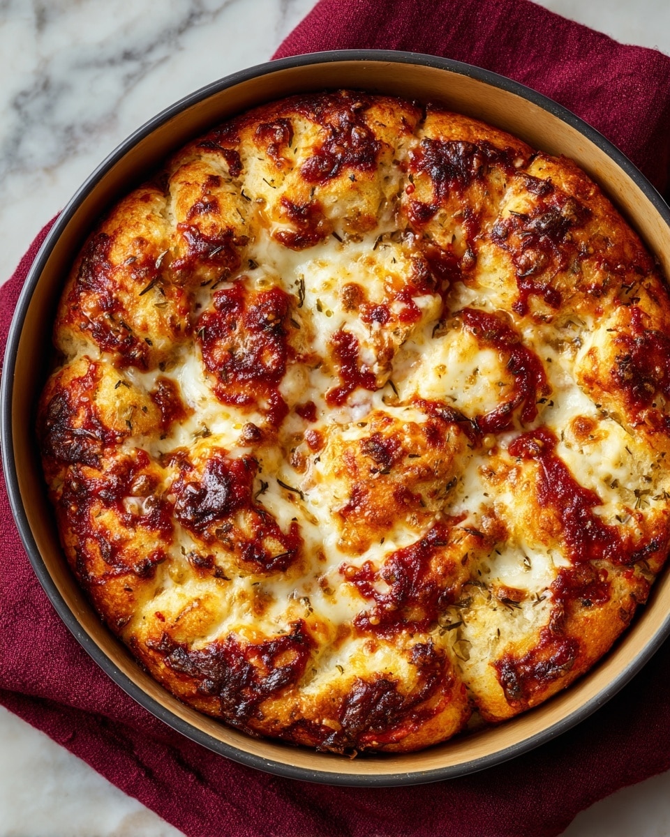 A round bundt pan filled with baked pull-apart bread pieces showing a golden brown crust with some parts being shiny and slightly caramelized. The bread is covered unevenly with patches of melted cheese that is white to light yellow and gooey in texture. Scattered on top and between the bread pieces are dollops of dark red tomato sauce that looks thick and rich. The pan is placed on a folded dark red napkin on a white marbled surface. photo taken with an iphone --ar 4:5 --v 7
