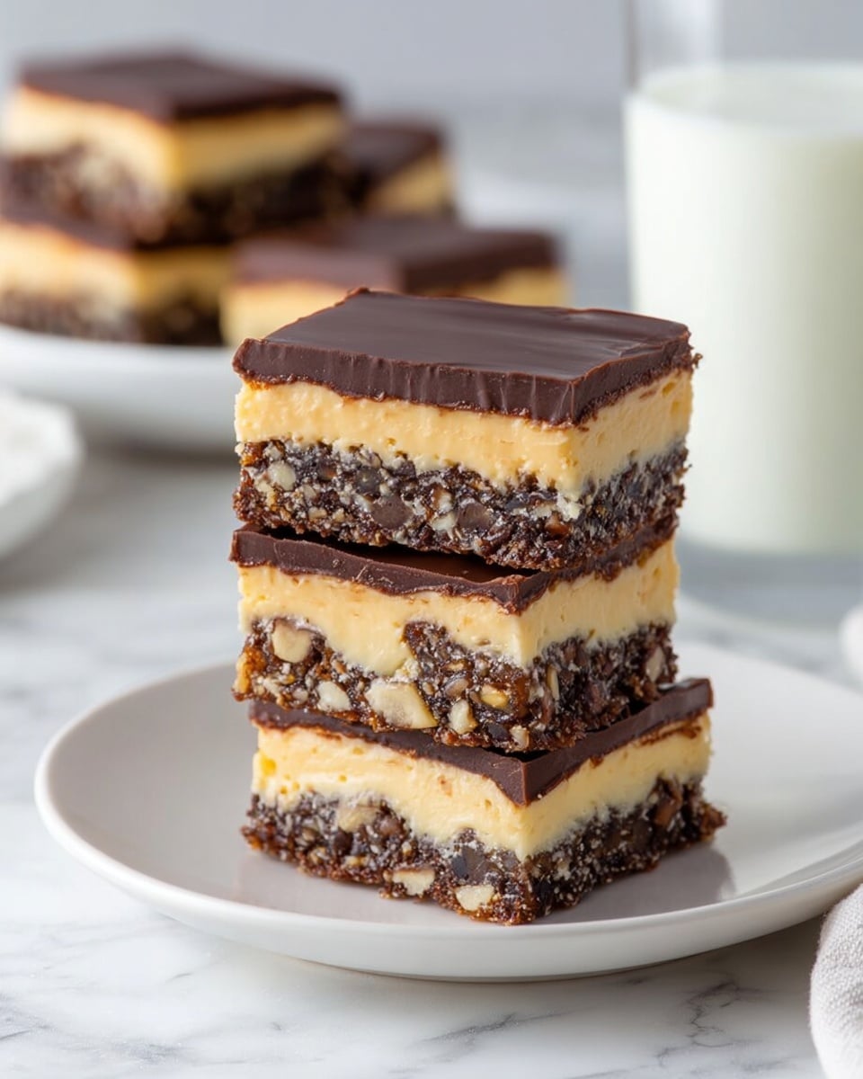 Three layered dessert bars stacked on a white plate over a white marbled surface. The bottom layer is thick, dark brown with a coarse texture showing bits of nuts and cookie pieces. The middle layer is a smooth, pale yellow cream, about the same thickness as the bottom layer. The top layer is a thin, shiny dark brown chocolate glaze. In the background, there is a glass of milk and a blurred plate with more dessert bars. Photo taken with an iphone --ar 4:5 --v 7