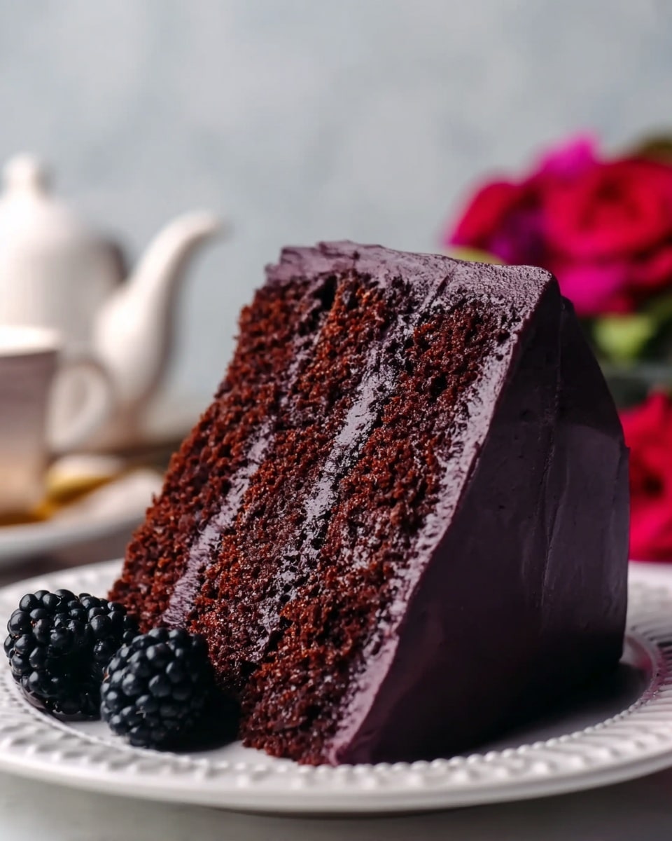 A slice of rich, dark chocolate cake with three visible layers, each separated by smooth, deep purple frosting. The cake layers are moist and dense with a slightly crumbly texture, while the frosting covers the entire slice evenly, showing a thick outer layer of purple cream. The slice sits on a white plate with a delicate, embossed edge, and next to it lie two shiny blackberries adding a fresh, dark contrast. In the background, blurred red roses and a white teapot rest on a white marbled surface, giving a soft and cozy feel. photo taken with an iphone --ar 4:5 --v 7