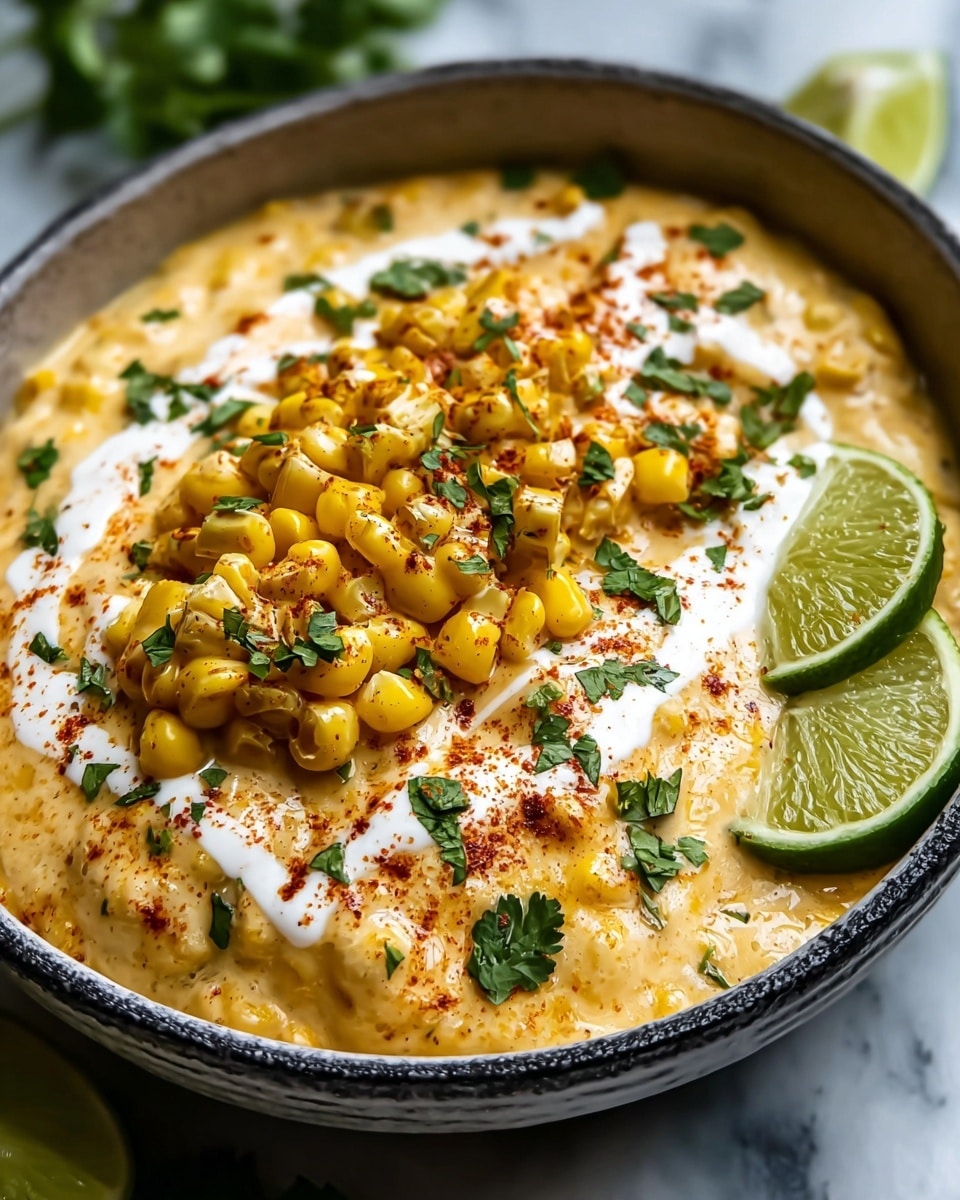 The dish is served in a white bowl filled with creamy sauce that has a pale orange color and a thick texture, mixed with small yellow corn kernels scattered throughout. On top of this creamy base lies a large piece of white fish coated in the same orange sauce, with a strip of white sour cream or crema spread down the center. The fish is sprinkled with chopped green cilantro leaves and a dusting of reddish-brown spice, adding color contrast. Two bright green lime halves rest on the side, adding a fresh element to the presentation. The photo is set on a white marbled surface that complements the bowl. photo taken with an iphone --ar 4:5 --v 7