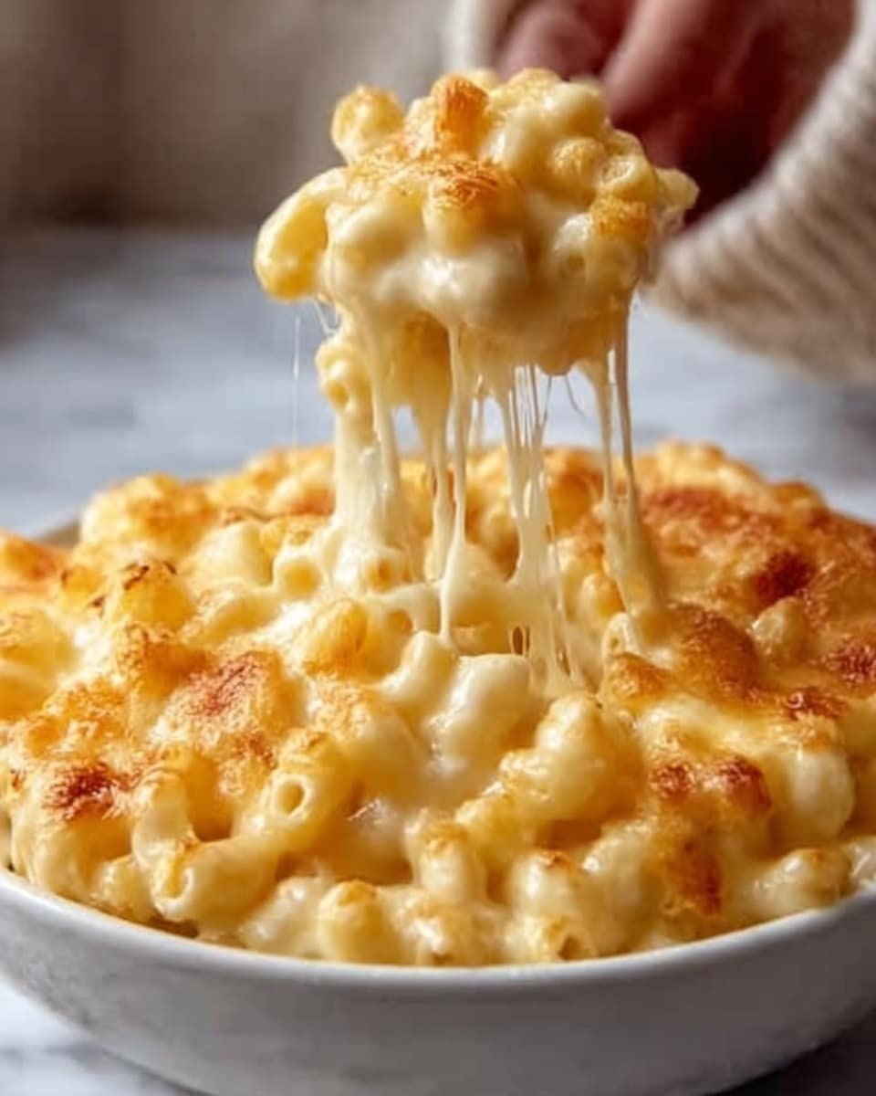 A white bowl filled with creamy macaroni and cheese, showing a close-up of gooey melted cheese stretching with the pasta as a woman's hand lifts a portion. The top layer is golden brown with bubbly, melted cheese, beneath it is soft, yellow macaroni coated in rich, smooth cheese sauce. The background and surface have a white marbled texture. photo taken with an iphone --ar 4:5 --v 7