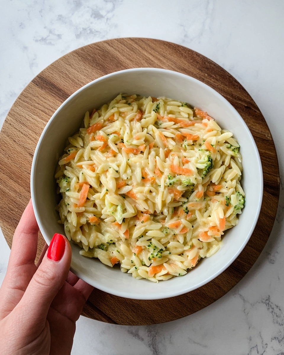 A white bowl filled with a creamy orzo pasta dish mixed with small pieces of orange carrot shreds and tiny bits of light green broccoli, all coated in a smooth, light yellow sauce. The orzo is soft and glossy, with the vegetables evenly spread throughout, giving a textured, colorful appearance. The bowl is held by a woman's hand with red nail polish, above a round wooden board on a white marbled surface. photo taken with an iphone --ar 4:5 --v 7
