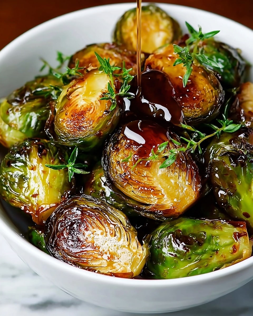 A white bowl filled with halved roasted Brussels sprouts, each showing a mix of deep golden brown caramelized edges and vibrant green leaves. The Brussels sprouts are shiny from a dark glossy sauce being poured over them. Small sprigs of fresh green herbs are scattered on top, adding a fresh touch. The background is a plain dark tone, and the bowl sits on a white marbled surface. photo taken with an iphone --ar 4:5 --v 7