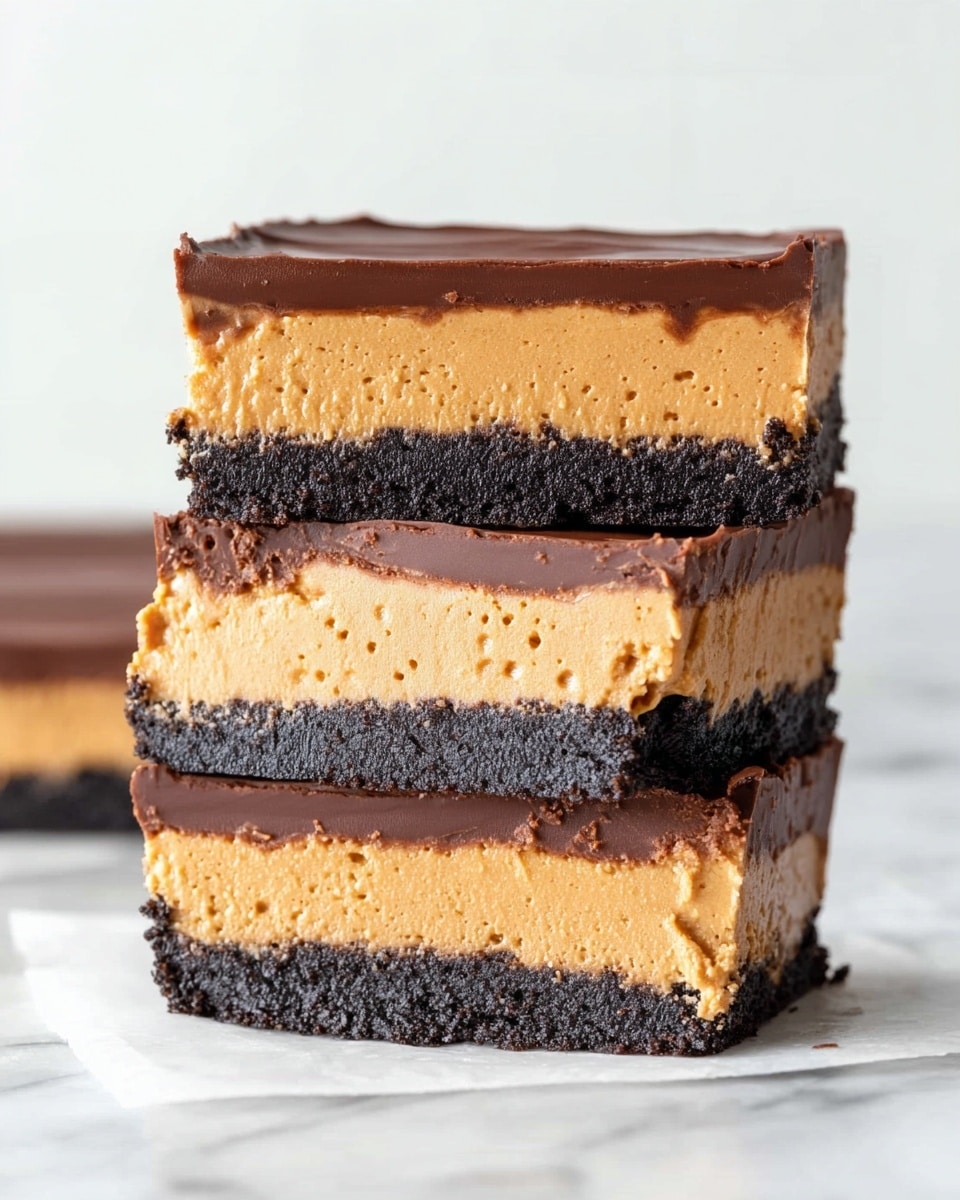 The image shows a close-up of three stacked dessert bars, each with three clear layers. The bottom layer is dark brown with a crumbly and dense texture like a cookie crust. The middle layer is thick, smooth, and creamy with a light peanut butter color, slightly textured with small holes. The top layer is a thin, glossy dark chocolate coating that has some cracks and uneven edges. The bars are sitting on a piece of white paper on a white marbled surface. The focus is sharp on the front of the stack, and the background is softly blurred. photo taken with an iphone --ar 4:5 --v 7