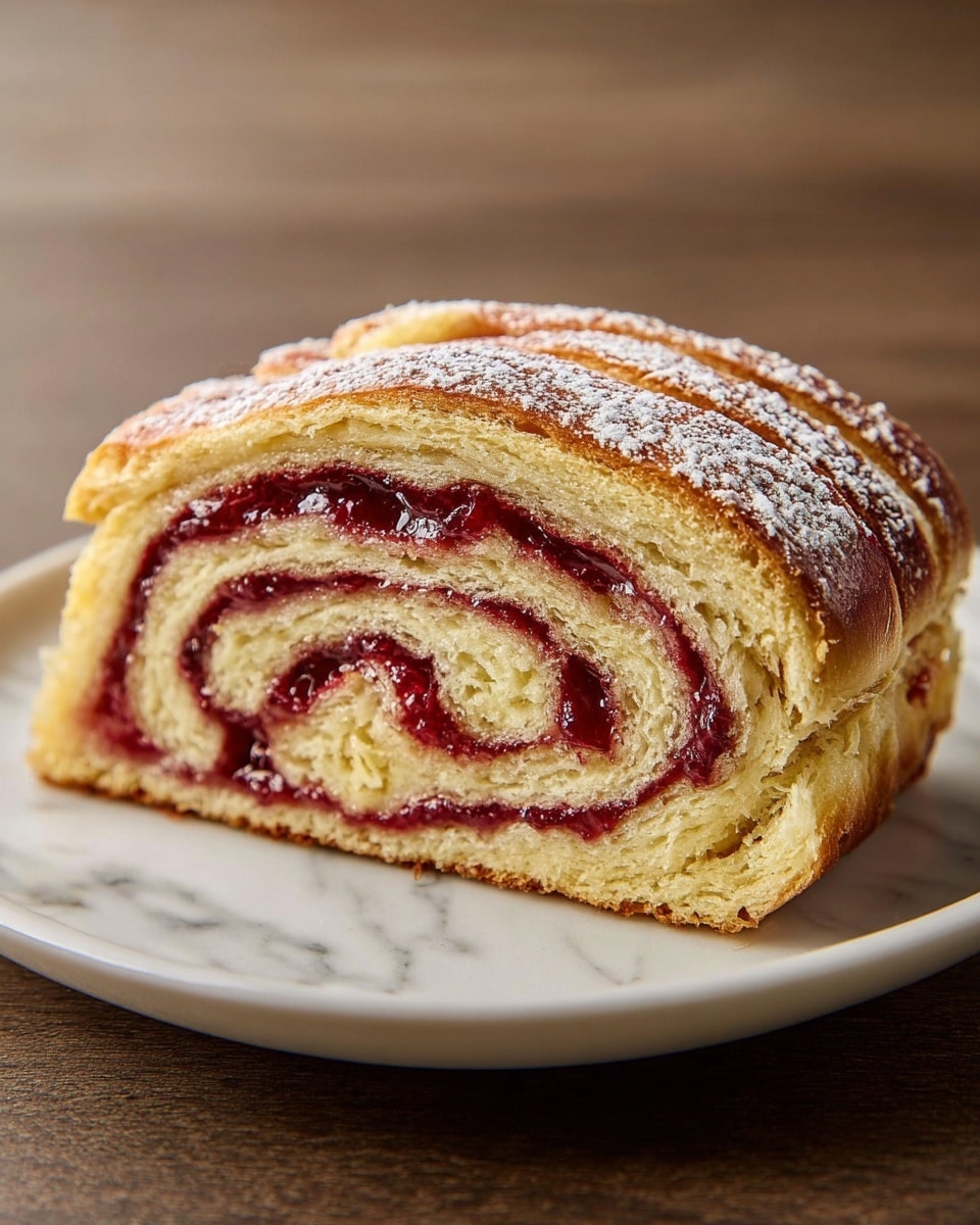A sliced loaf of swirled bread with a golden brown crust and a light dusting of powdered sugar on top sits on a white plate. Inside, the bread has three visible layers: the outer and inner layers are soft, fluffy, and creamy beige, while the middle layer is a thick, shiny, deep red jam swirl that winds through the bread in a spiral pattern. The texture of the bread looks tender and moist, contrasting with the smoothness of the jam. The white plate is on a white marbled surface. photo taken with an iphone --ar 4:5 --v 7