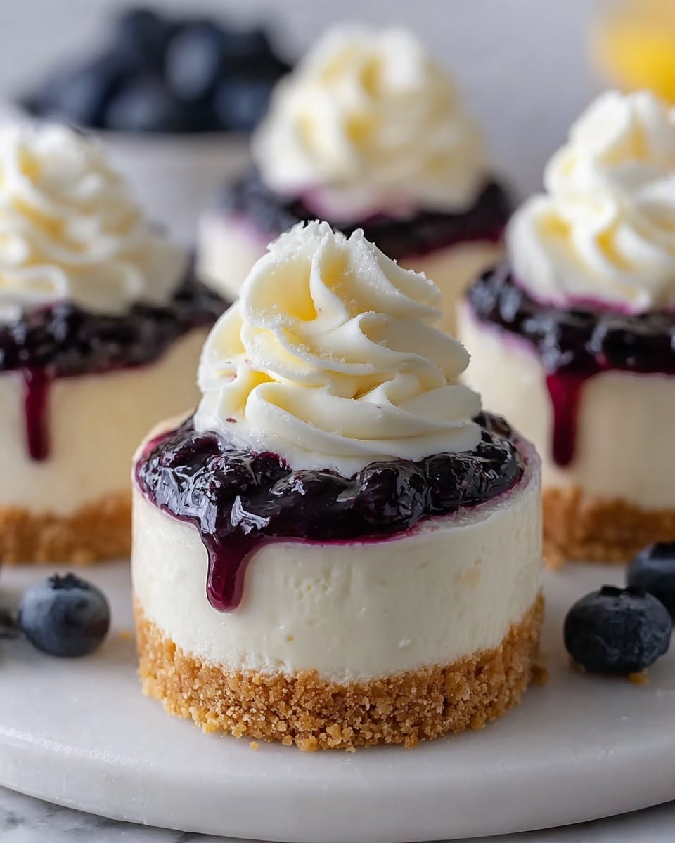 The image shows small round cheesecake desserts with three clear layers: a bottom layer of crumbly golden brown crust, a thick middle layer of creamy white cheesecake, and a top layer of deep purple blueberry sauce that slightly drips down the sides. Each cheesecake is topped with a swirl of smooth white whipped cream in a rose-like shape. The cheesecakes sit on a white plate with a white marbled background, and a few fresh blueberries are visible around the plate. photo taken with an iphone --ar 4:5 --v 7