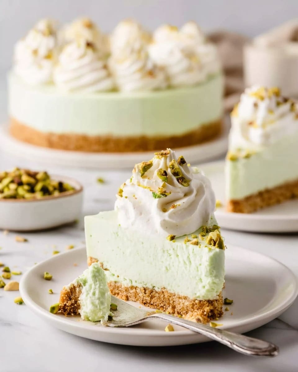 A single slice of light green cheesecake sits on a white plate, showing three layers: a crumbly golden-brown crust at the bottom, a thick and smooth pale green cheesecake layer in the middle, and two swirls of white whipped cream on top sprinkled with chopped pistachios. In front of the slice, a silver spoon holds a small piece of the cheesecake. In the background, there is a white plate with the rest of the cheesecake and another white plate with a single slice. The whole scene is set on a white marbled surface. photo taken with an iphone --ar 4:5 --v 7