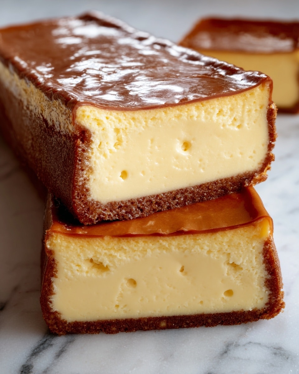 A close-up image of a sliced rectangular cake with three visible layers: the outer layer is a thin, smooth golden-brown crust with a shiny texture; beneath it is a thicker pale yellow creamy layer that looks soft and smooth with a few small air pockets; the base layer is a slightly darker golden-brown crust that looks firm and crumbly. The cake is placed on a white marbled surface with crumbs scattered around. Photo taken with an iphone --ar 4:5 --v 7