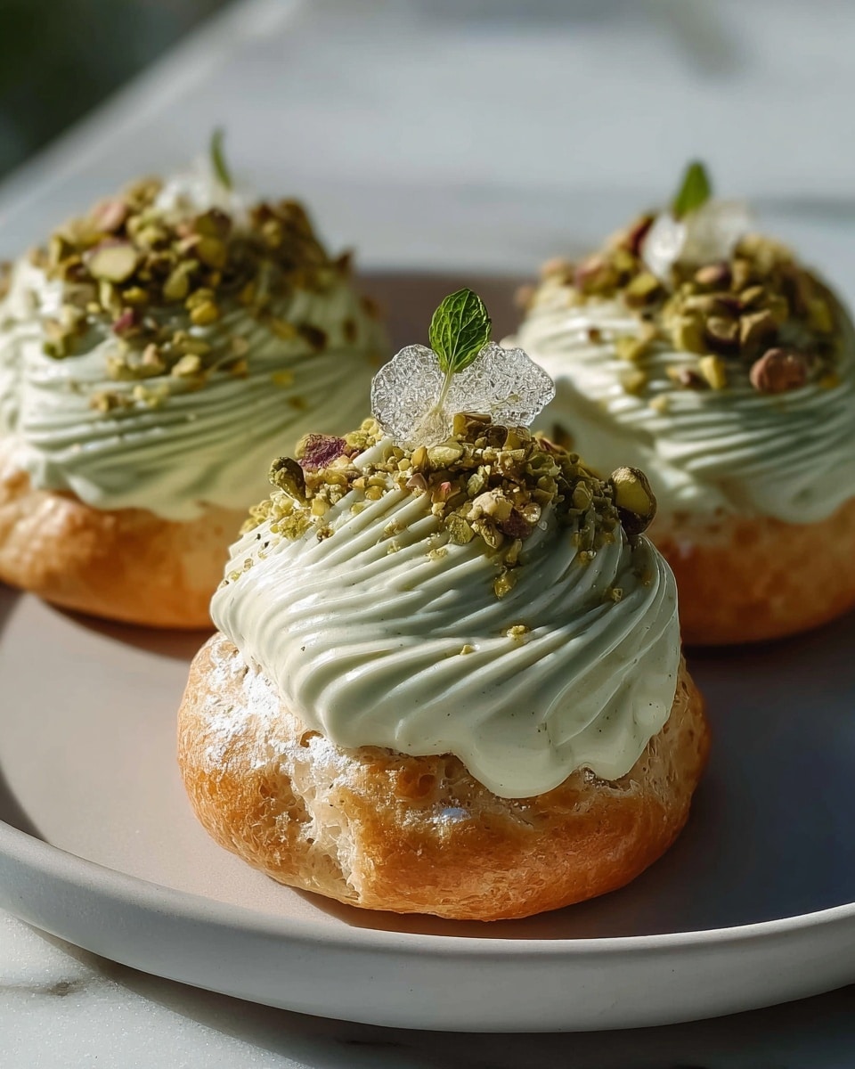 Three round cream puffs sitting on a white plate with a white marbled texture background. Each cream puff has one base layer, which is golden-brown and airy with a spongy texture. On top of each base, there is a thick swirl of pale green cream with specks of green sprinkled all over it. The cream is smooth with a piped spiral pattern. At the very top, there is a small cluster of chopped pistachios, a tiny green mint leaf, and a small piece of clear sugar decoration. Photo taken with an iphone --ar 4:5 --v 7