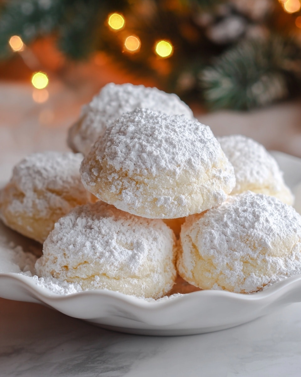 A close-up view of a plate filled with soft round white cookies covered in a thick layer of white powdered sugar, stacked gently on top of each other showing their textured, slightly cracked surface under the sugar dusting. The plate is white with subtle wave-like edges, resting on a white marbled surface with blurred soft lights and pine leaves in the background, creating a cozy atmosphere. The focus is on the delicate, powdery coating and the light creamy color of the cookies peeking through, with a gentle shadow beneath the stack. Photo taken with an iphone --ar 4:5 --v 7