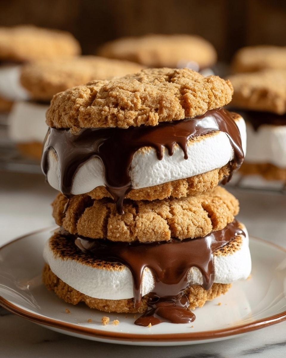 A close-up of two stacked s'mores sandwiches on a white plate with a brown rim, placed on a white marbled surface. Each sandwich has three layers: a top and bottom layer of light brown, soft, cracked cookie, a middle layer of glossy dark melted chocolate oozing slightly down the sides, and a thick middle layer of fluffy white marshmallow that looks soft and pillowy, slightly compressed between the cookie layers. In the background, more s’mores are blurred out, resting on a cooling rack. Photo taken with an iphone --ar 4:5 --v 7