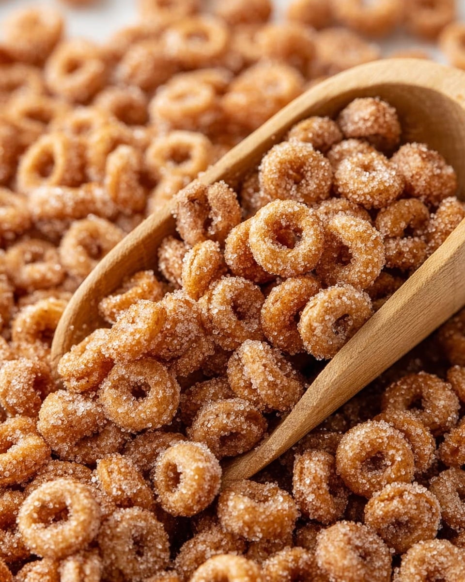 A close-up view of many small ring-shaped cereal pieces covered in a layer of sugar and cinnamon, creating a grainy texture of white and brown crystals on the cereal's light tan and darker brown surfaces. A wooden scoop filled with the sweetened cereal is placed on top of more cereal spread out evenly, showing the mix of smooth round shapes with rough sugar coating. The background is a white marbled texture. photo taken with an iphone --ar 4:5 --v 7