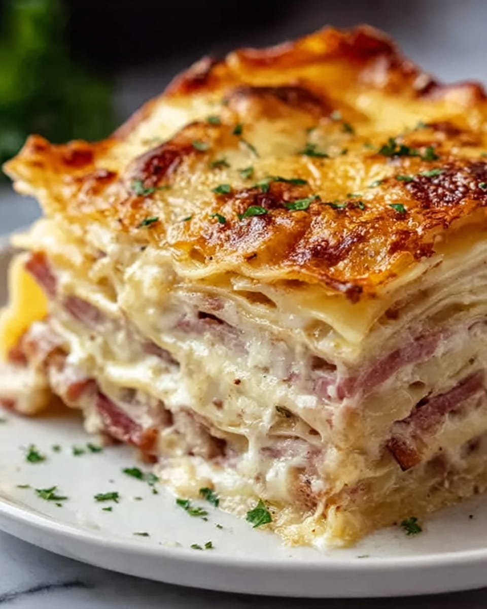 A close-up photo of a multi-layer lasagna slice on a white plate, showing many layers of soft, creamy, light-colored cheese sauce and thin pasta sheets alternating with layers of cooked ground meat in a rich red sauce. The top layer is a golden-brown melted cheese crust sprinkled with small green herb pieces. The textures shift from smooth and creamy in the cheese layers to slightly chunky in the meat layers, all stacked evenly. The background is a white marbled texture. Photo taken with an iphone --ar 4:5 --v 7