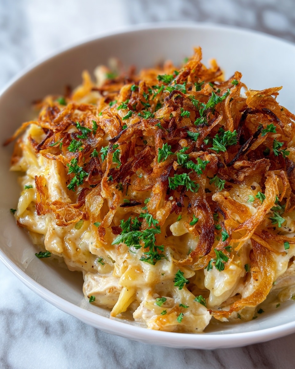 A close-up view of a white bowl filled with a creamy noodle casserole. The bottom layer is soft, pale yellow noodles mixed with chunks of white chicken. On top of the noodles is a melted golden cheese layer that looks slightly browned at the edges. The top layer consists of crispy, dark brown fried onion rings scattered evenly. Small green parsley bits are sprinkled over the entire dish, adding bright spots of color against the creamy and crispy textures. The bowl sits on a white marbled surface. photo taken with an iphone --ar 4:5 --v 7